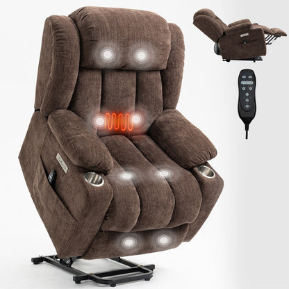 Grey Chenille Power Lift Recliner with Massage, Lumbar Heating, USB & Type-C Ports, and Stainless Steel Drink Holders