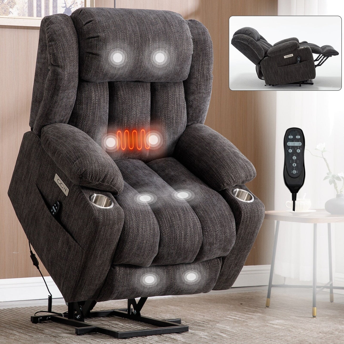 Grey Chenille Power Lift Recliner with Massage, Lumbar Heating, USB & Type-C Ports, and Stainless Steel Drink Holders