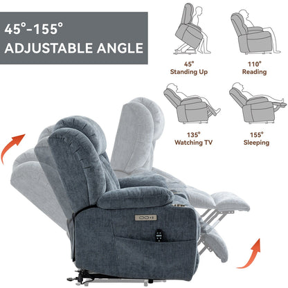 Grey Chenille Power Lift Recliner with Massage, Lumbar Heating, USB & Type-C Ports, and Stainless Steel Drink Holders
