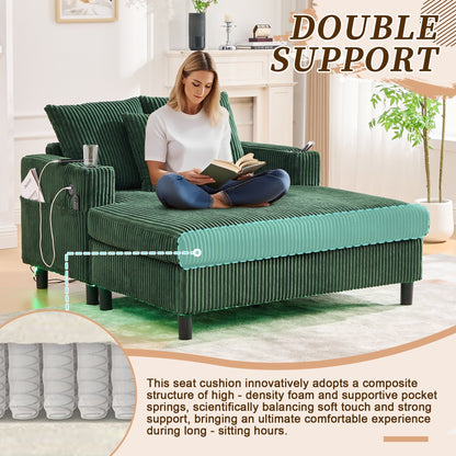 HOMEFUN Corduroy Upholstered Oversized RGB LED Light Recliner Sofa Bed with Cup Holder,USB&3 Pillows