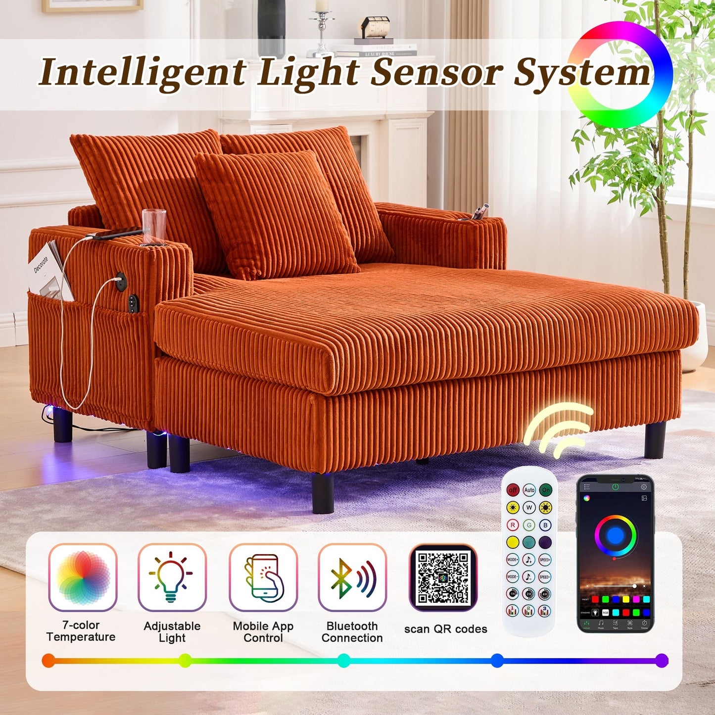 HOMEFUN Corduroy Upholstered Oversized RGB LED Light Recliner Sofa Bed with Cup Holder,USB&3 Pillows