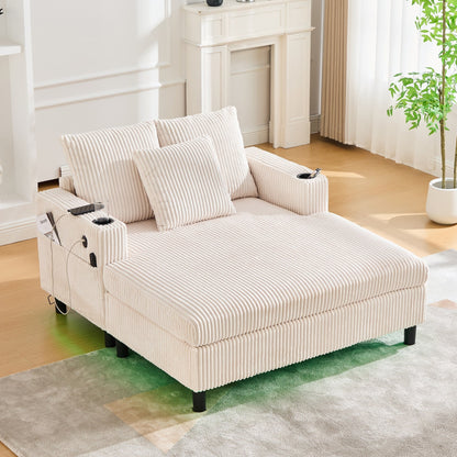 HOMEFUN Corduroy Upholstered Oversized RGB LED Light Recliner Sofa Bed with Cup Holder,USB&3 Pillows