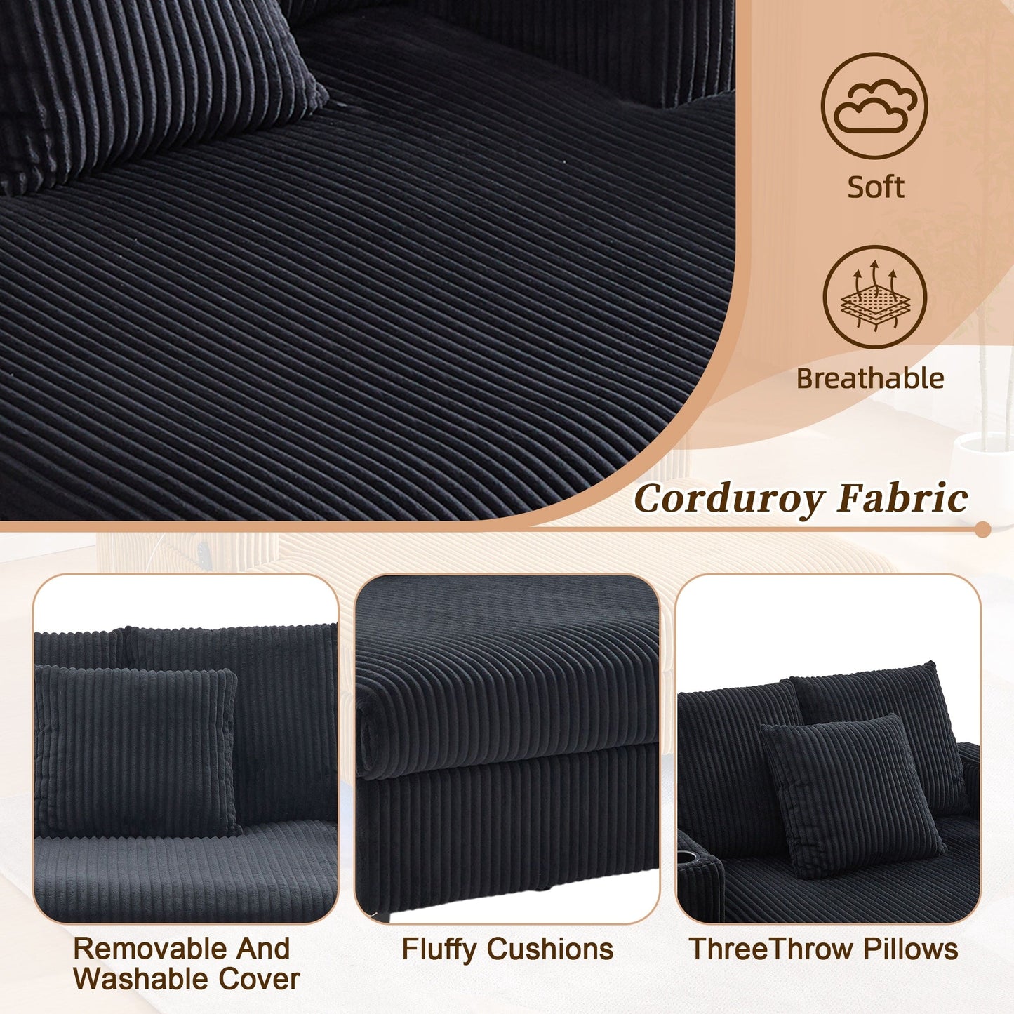 HOMEFUN Corduroy Upholstered Oversized RGB LED Light Recliner Sofa Bed with Cup Holder,USB&3 Pillows