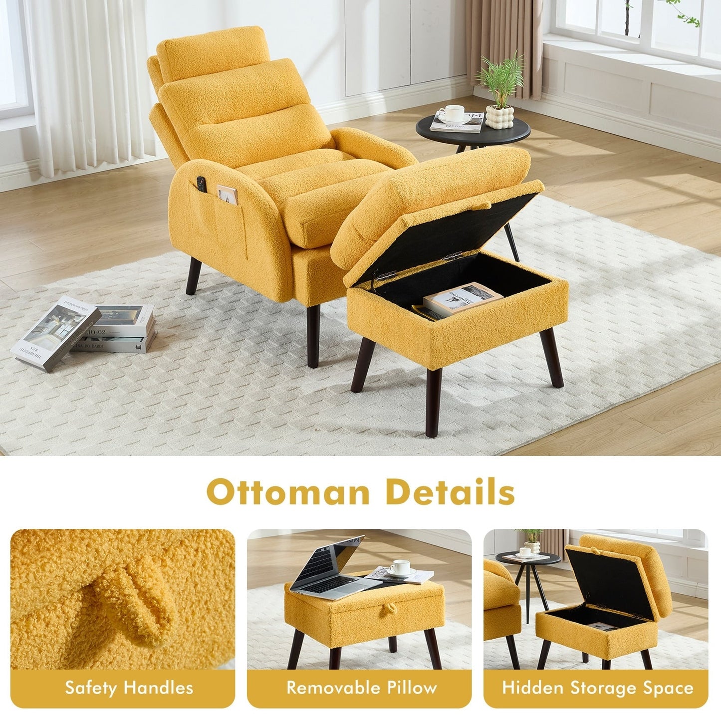 HOMYKA Accent Lounge Chair with Adjustable Backrest Storage Ottoman