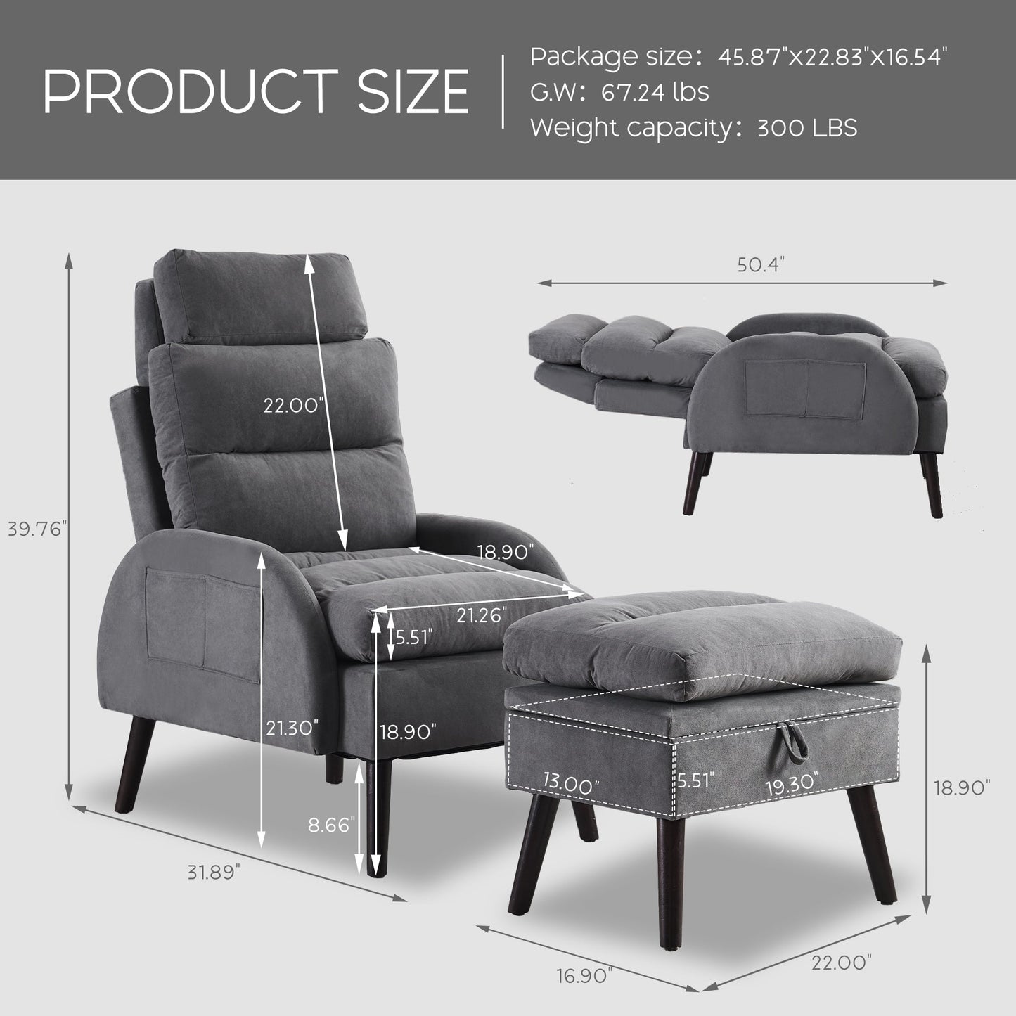 HOMYKA Accent Lounge Chair with Adjustable Backrest Storage Ottoman