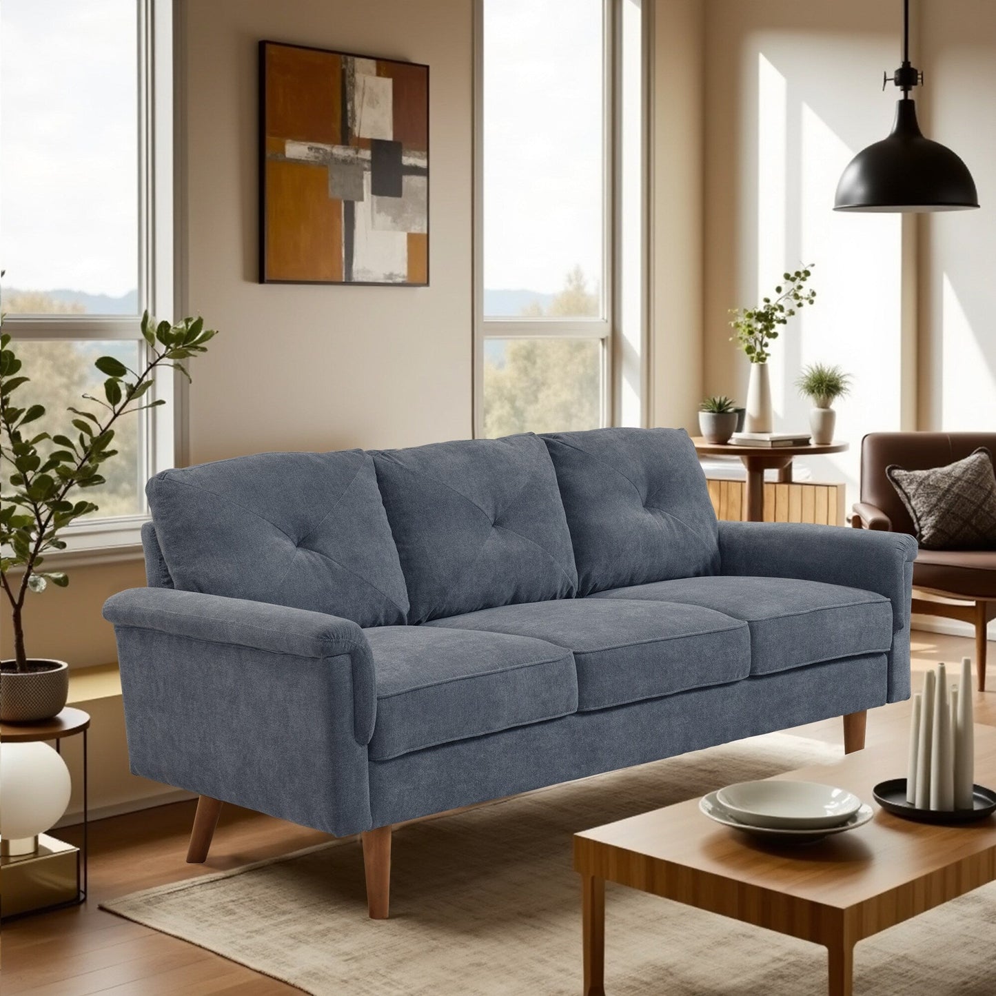 HOOOWOOO Mid-Century 3-Seat Upholstered Sofa with Wood Legs for Living Room