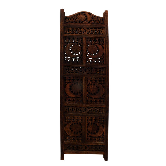 Hand Carved Sun And Moon Design Foldable 4 Panel Wooden Room Divider, Brown