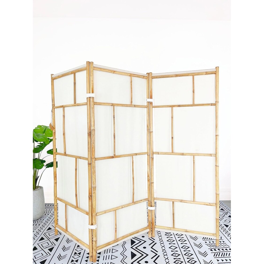 Handcrafted Bamboo Folding 3-Panel Room Divider Privacy Screen, Ecru Fabric