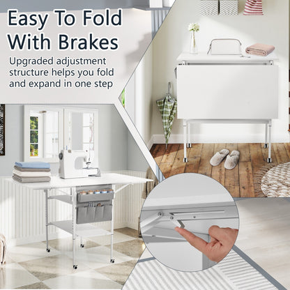 Height Adjustable Craft Table with Storage Shelves, Mobile Folding Cutting Table for Home Office Sewing Room Craft Room