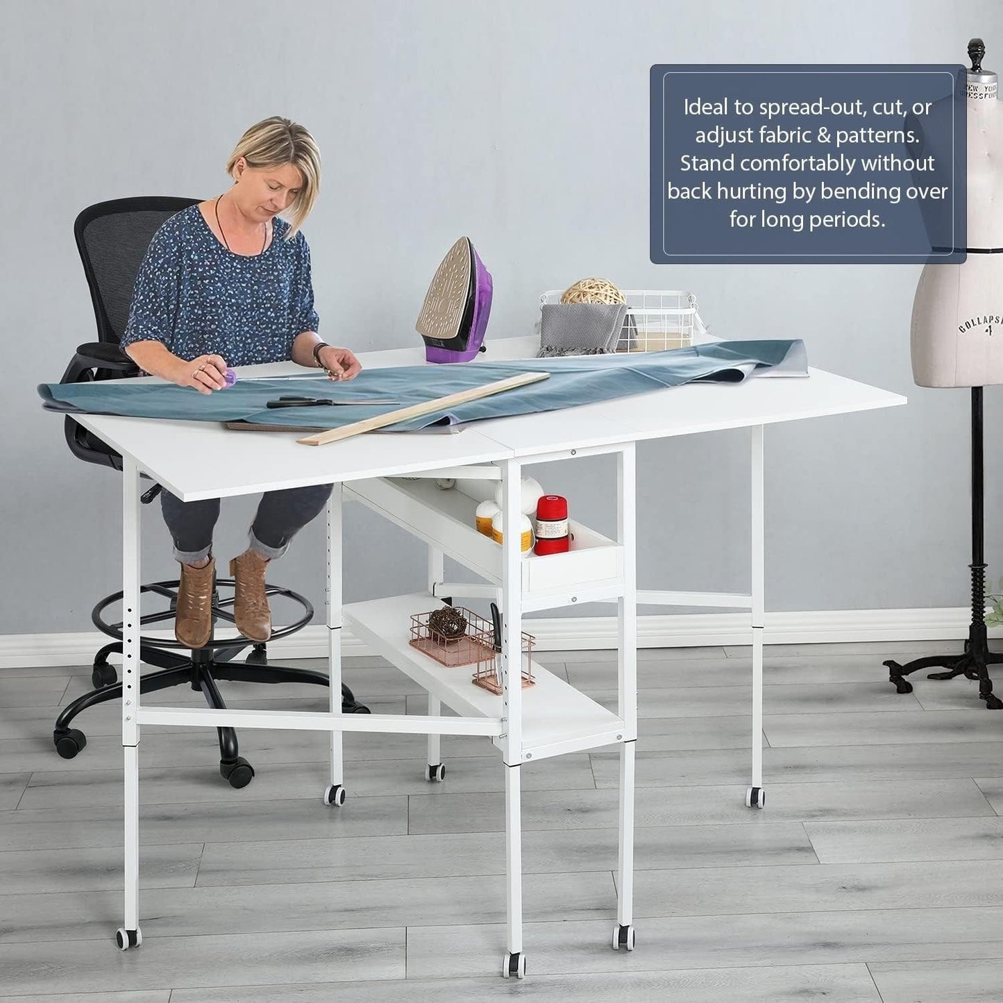 Height Adjustable Craft Table with Storage Shelves, Mobile Folding Cutting Table for Home Office Sewing Room Craft Room
