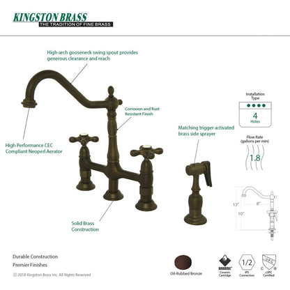 Kingston Brass Heritage Bridge Kitchen Faucet with Brass Sprayer
