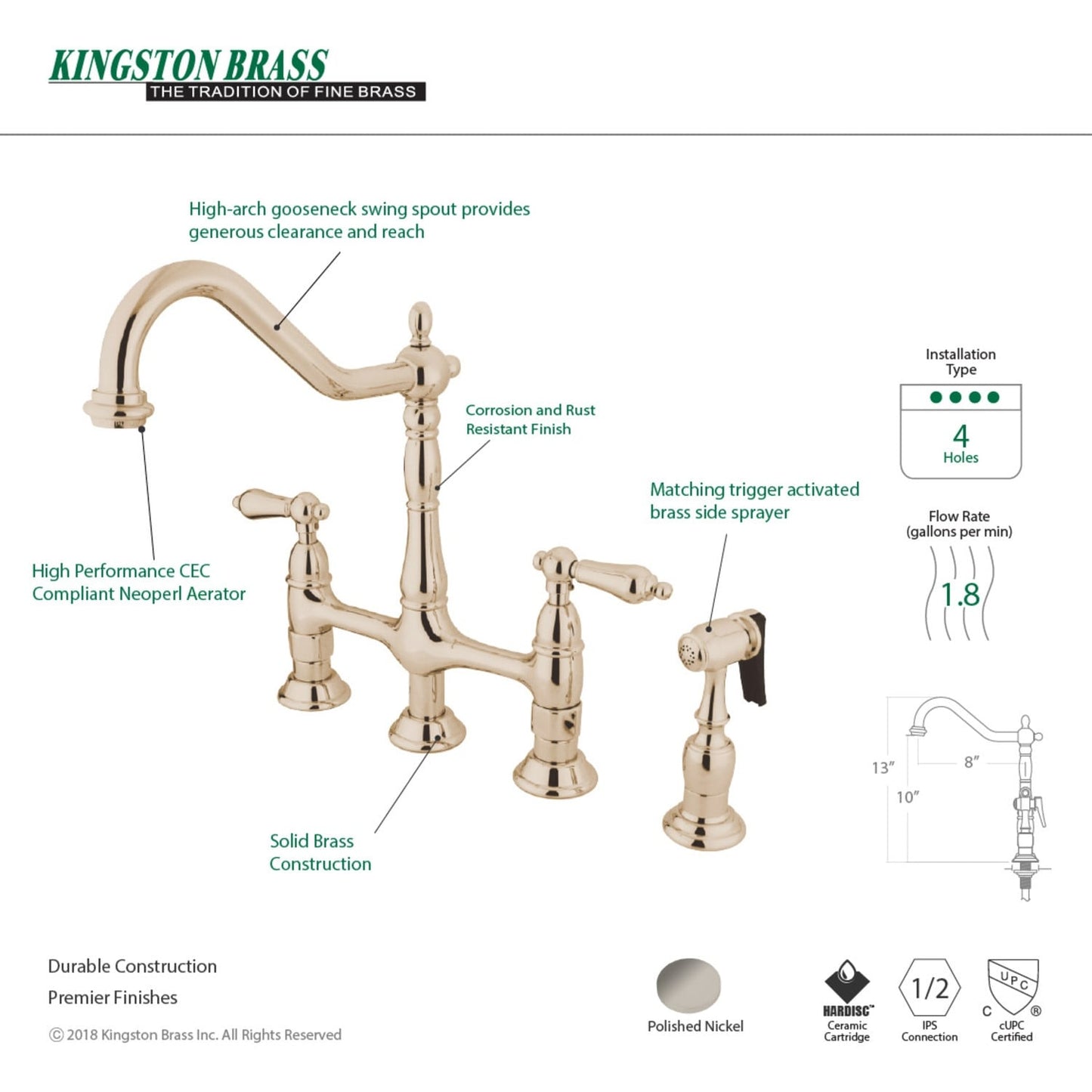 Heritage Bridge Kitchen Faucet with Brass Sprayer