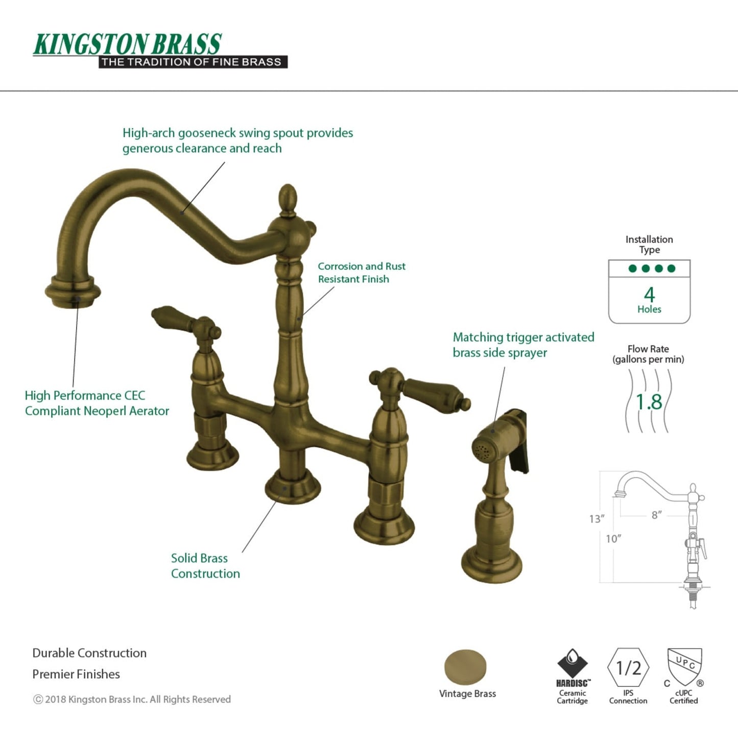 Heritage Bridge Kitchen Faucet with Brass Sprayer