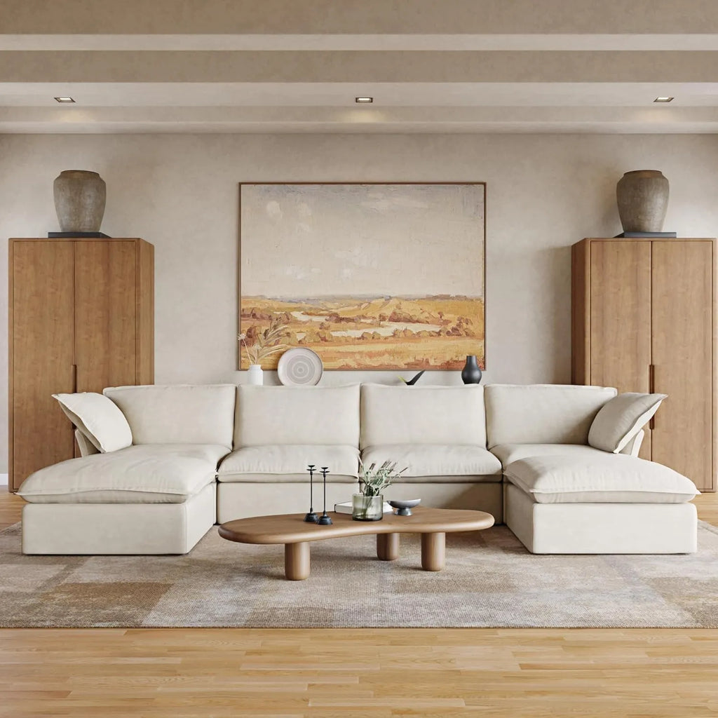 Canapés d'angle Deluxe Linen Cloud | Ensemble de 6 canapés d'angle en forme de U, 4 places, en coton et lin beige