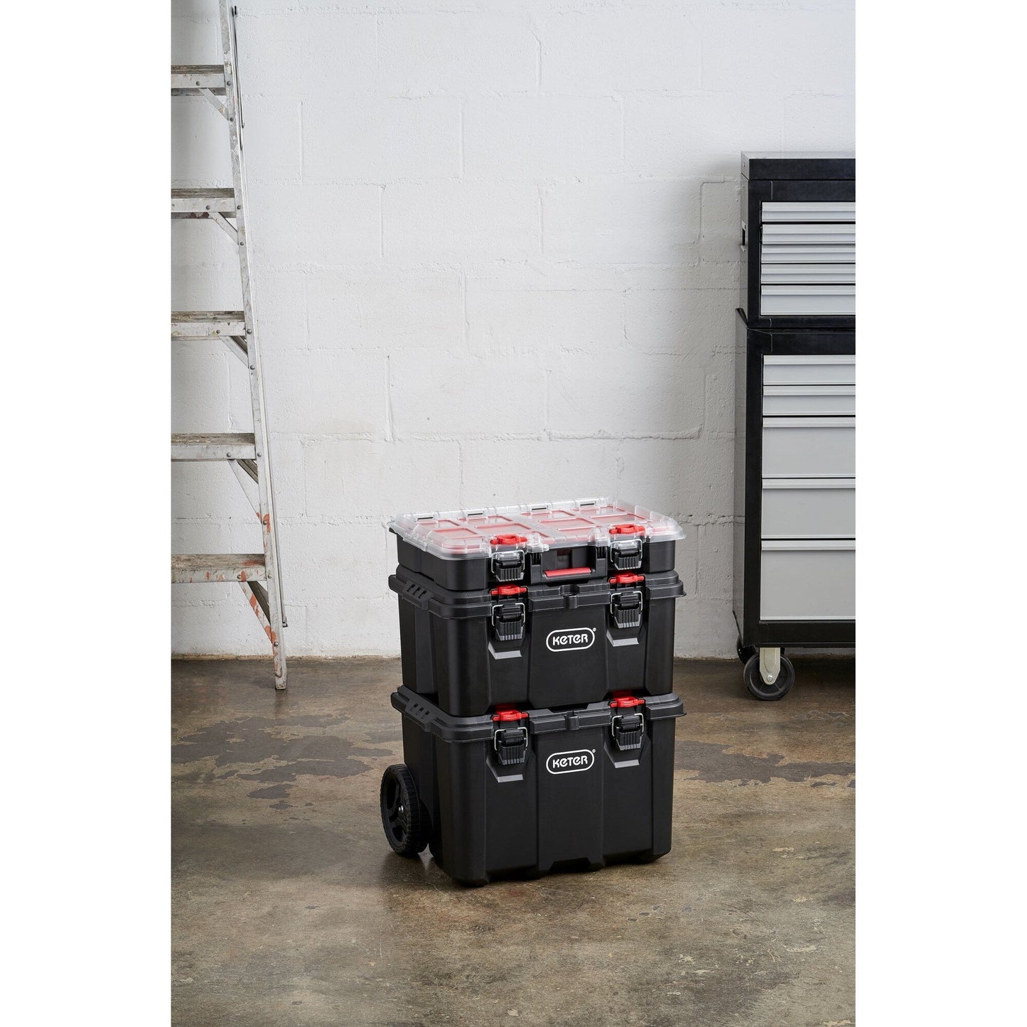 Keter Stack-n-Roll 3 Pc Mobile Tool Storage and Organization, Durable Resin Modular Toolbox System