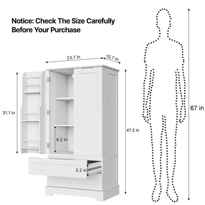 Kitchen Storage Pantry Cabinet, Freestanding Bathroom Storage Cabinet with 2 Doors and Drawers