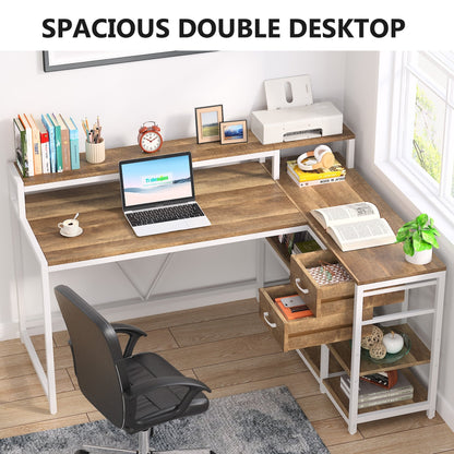 L Shaped Desk with Drawer, Home Office Corner Desk with Storage Shelves and Monitor Stand, Rustic PC Desk for Small Space