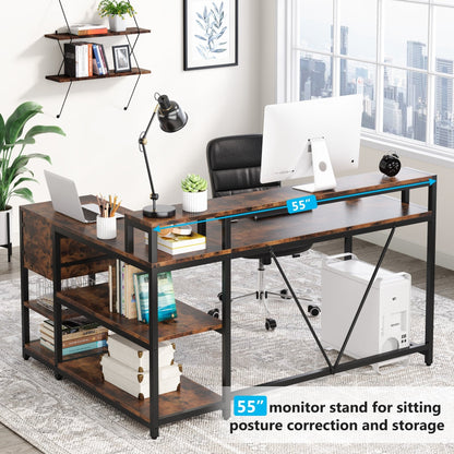 L Shaped Desk with Drawer, Home Office Corner Desk with Storage Shelves and Monitor Stand, Rustic PC Desk for Small Space