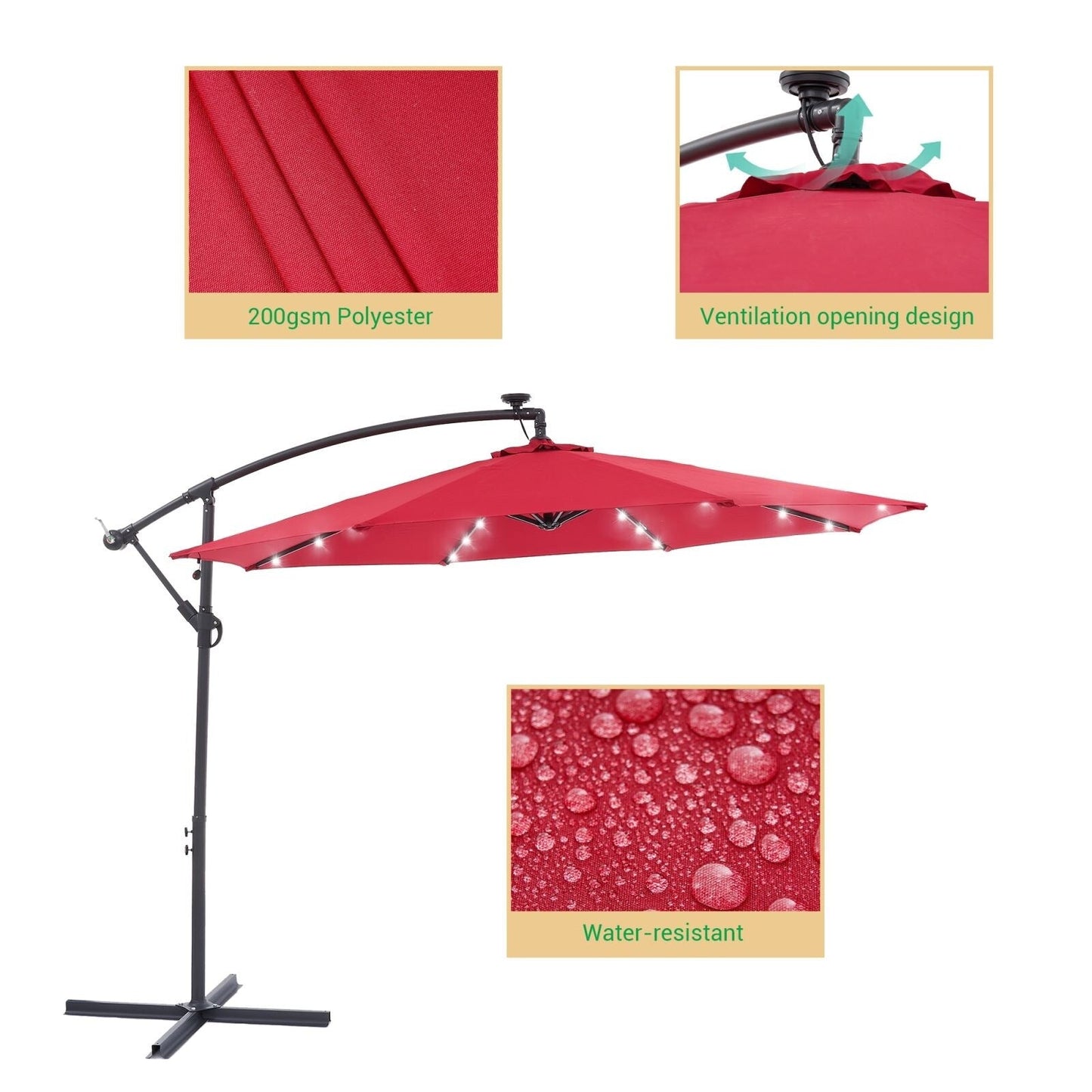 LIVOOSUN 10ft LED Patio Offset Umbrella With Cross Base