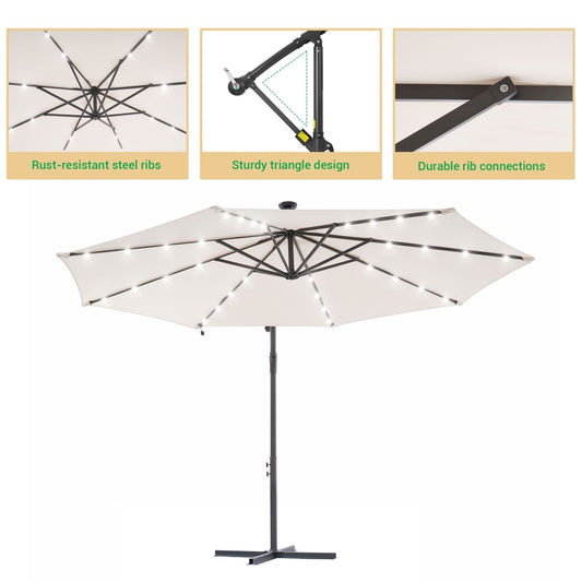 LIVOOSUN 10ft LED Patio Offset Umbrella With Cross Base