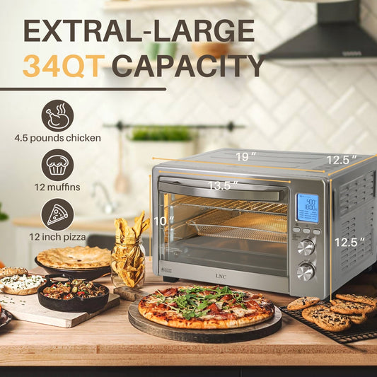 LNC 12-In-1 Large 34QT Countertop Toaster Oven Convection Rotisserie Air Fryer - 19.5 L x 15 W x 12.5 H