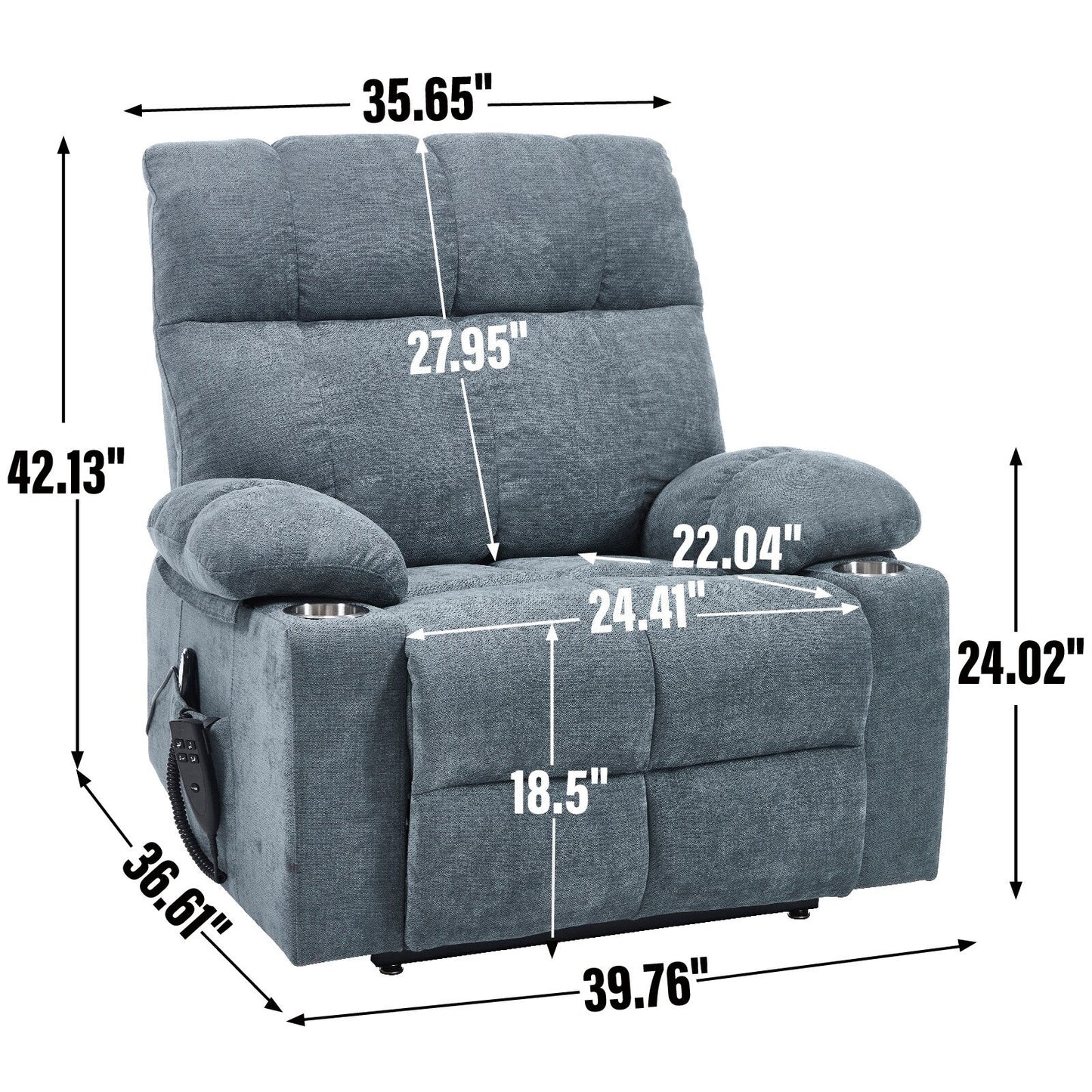 Lazy Boy Dual Motor Chenille Power Lift Recliner w/Massage and Lumbar Heating, Dual Cup Holders, Grey-Blue