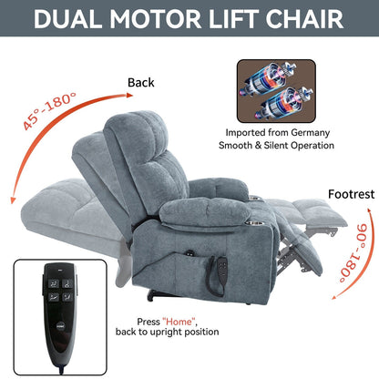 Lazy Boy Dual Motor Chenille Power Lift Recliner w/Massage and Lumbar Heating, Dual Cup Holders, Grey-Blue