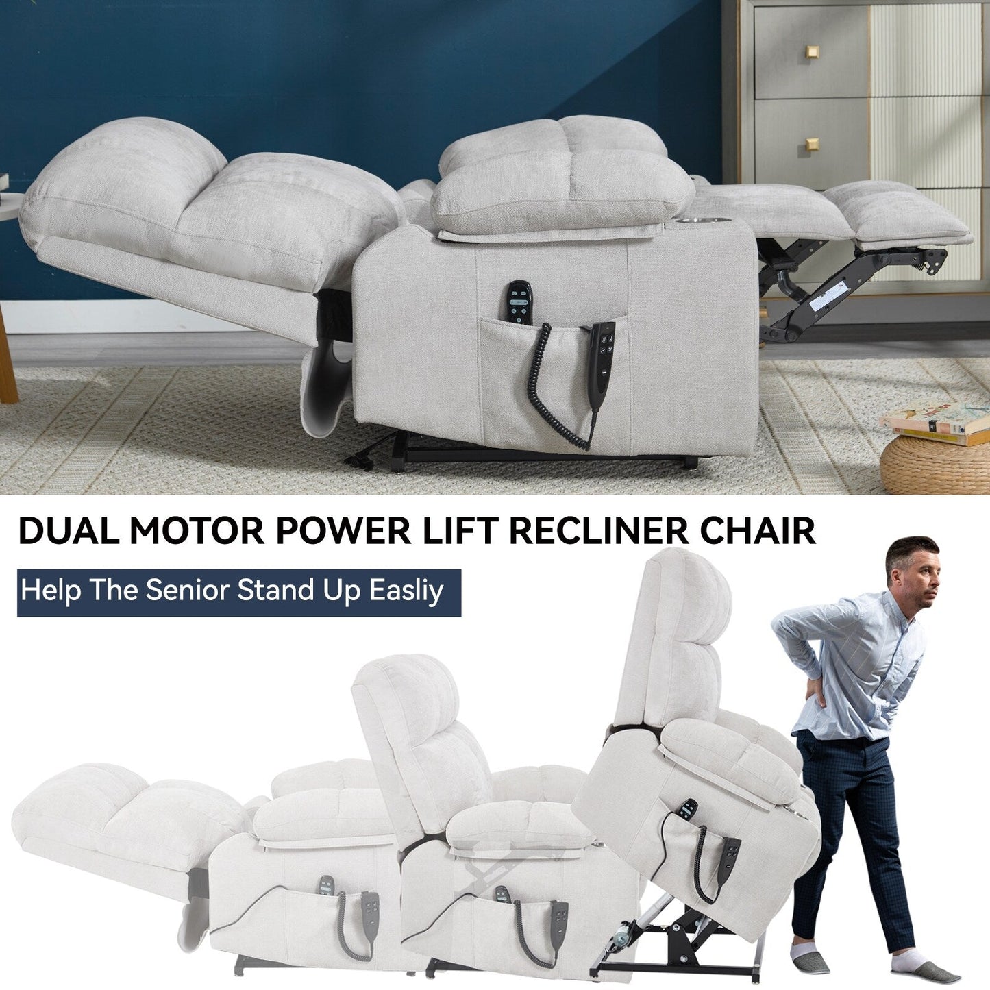 Lazy Boy Dual Motor Chenille Power Lift Recliner w/Massage and Lumbar Heating, Dual Cup Holders, Grey-Blue