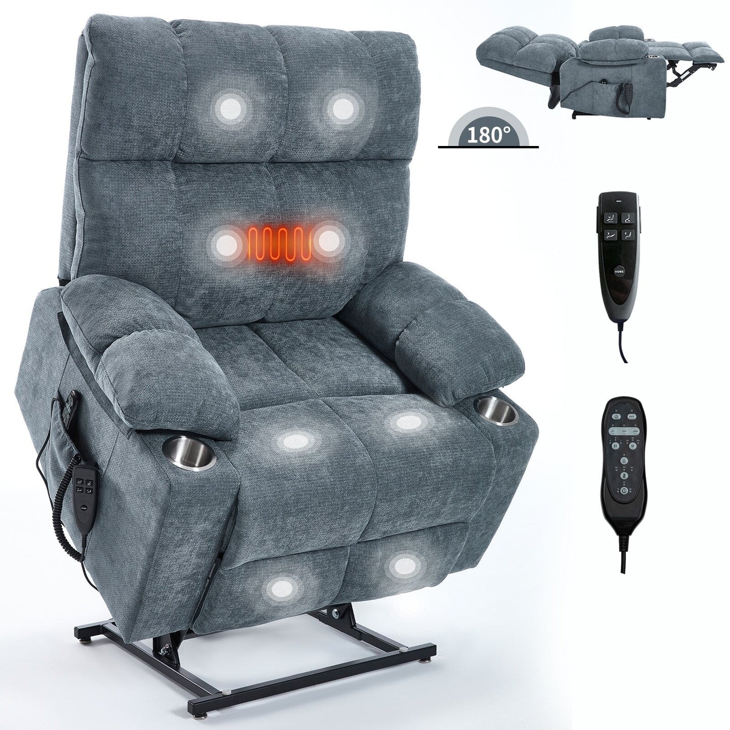 Lazy Boy Dual Motor Chenille Power Lift Recliner w/Massage and Lumbar Heating, Dual Cup Holders, Grey-Blue