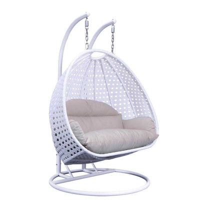 LeisureMod 2 Person Hanging Egg Chair with Stand - Outdoor/Indoor Rattan Wicker Patio Swing Hammock Lounger with Cushions