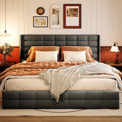 Lift Up Storage Bed Frame, Upholstered Platform Bed Frame with Hydraulic Storage System and Headboard