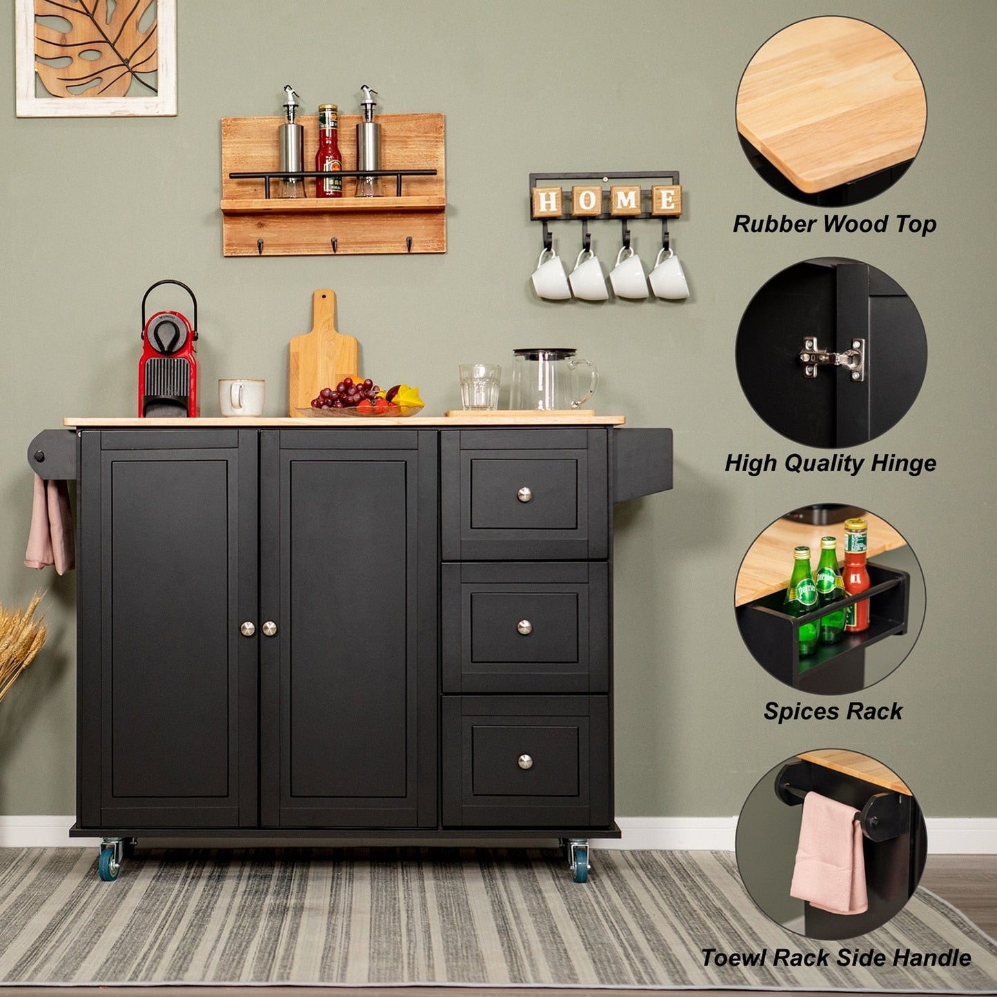 Sophia & William Kitchen Island Cart with Drop-Leaf and Rubber Wood Top, Rolling Kitchen Trolley Cart with Large Storage Cabinet
