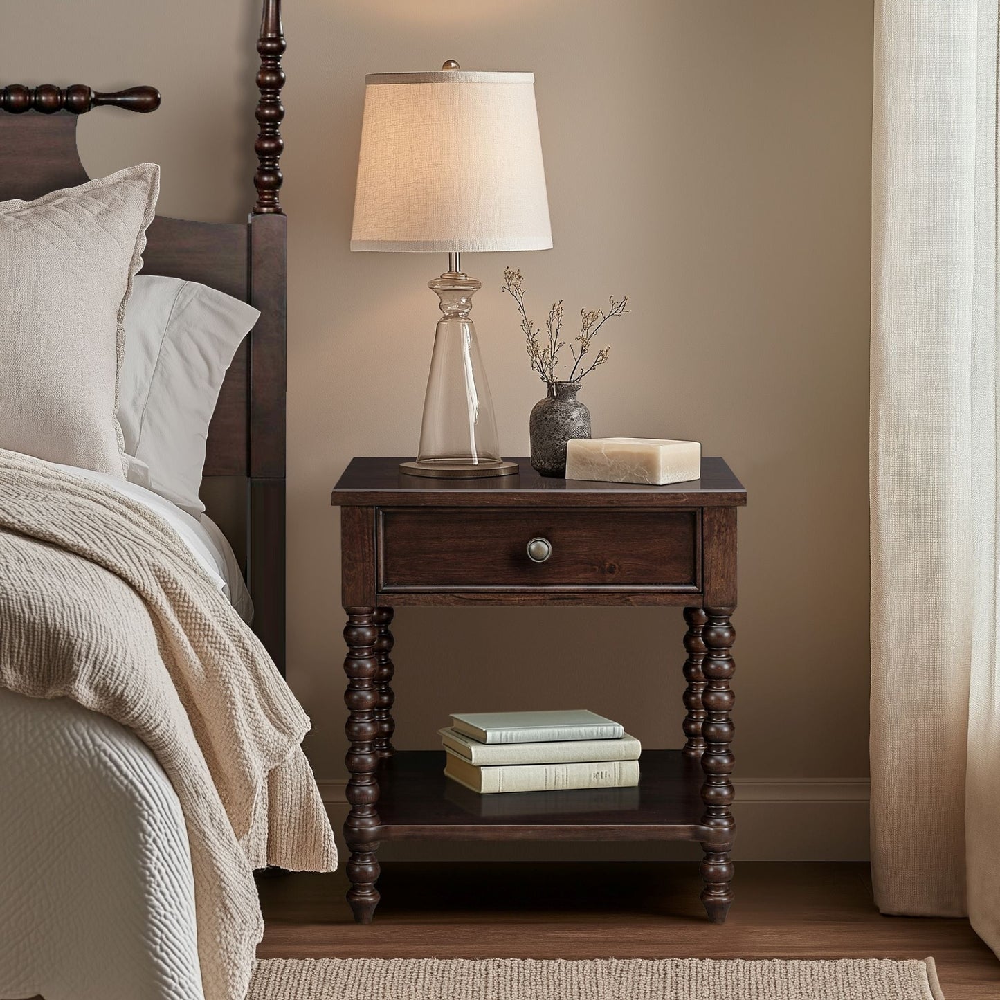 Madison Park Signature Beckett Turned Wood Spindle Nightstand with Drawer & Shelf