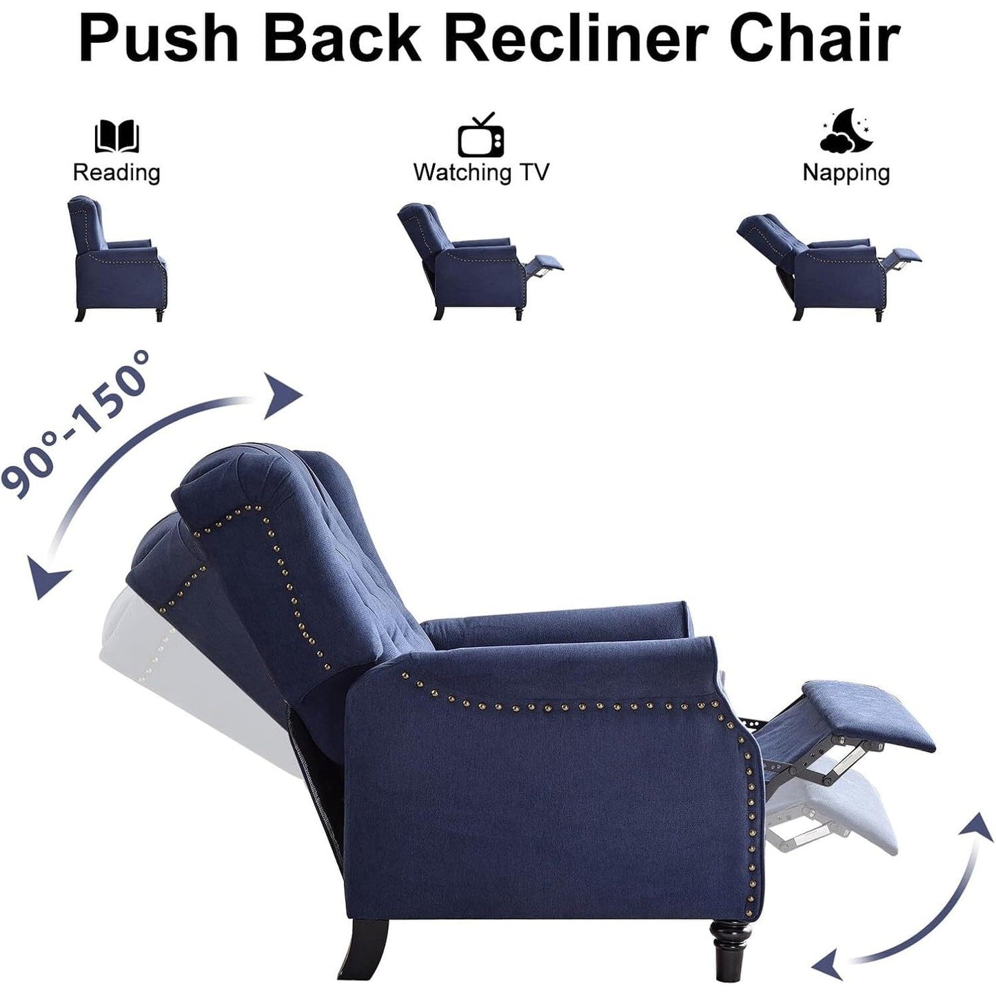 Pushback Recliner Chair, Fabric Armchair Push Back Recliner with Rivet Decoration, Single Sofa Accent Chair