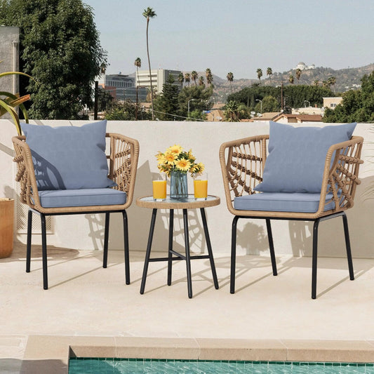 Moasis 3 Pieces Outdoor Wicker Furniture Patio Bistro Set with 2 Chairs and Coffee Table