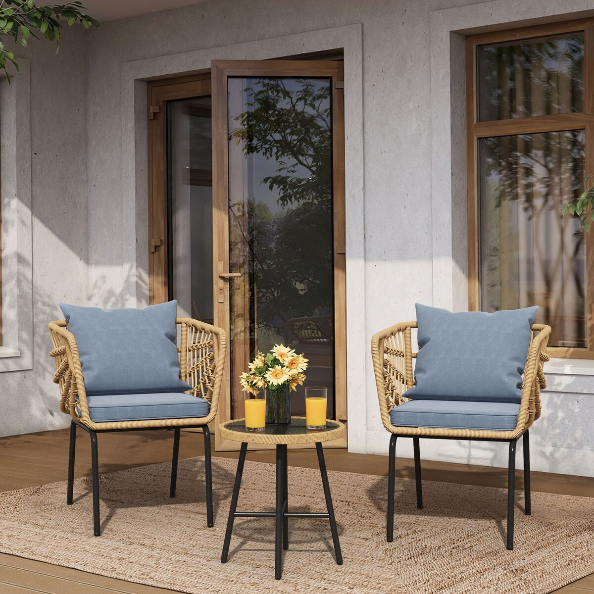 Moasis 3 Pieces Outdoor Wicker Furniture Patio Bistro Set with 2 Chairs and Coffee Table