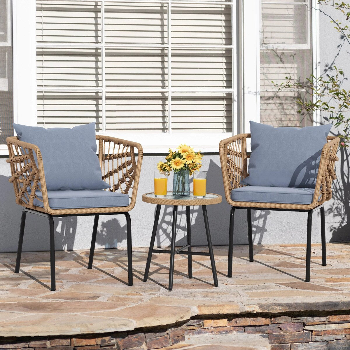 Moasis 3 Pieces Outdoor Wicker Furniture Patio Bistro Set with 2 Chairs and Coffee Table