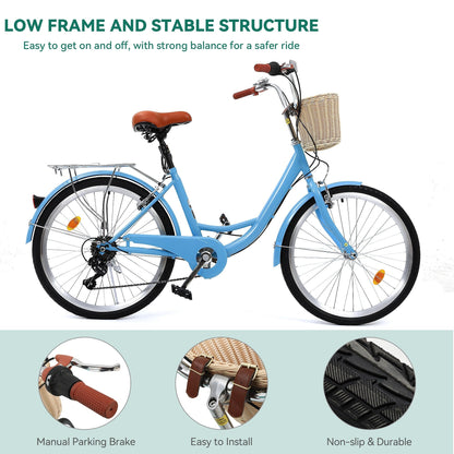 Moasis24/ 26 7-speed Cruiser Bike Adjustable Step Through Bike Commute Bike Bicycle