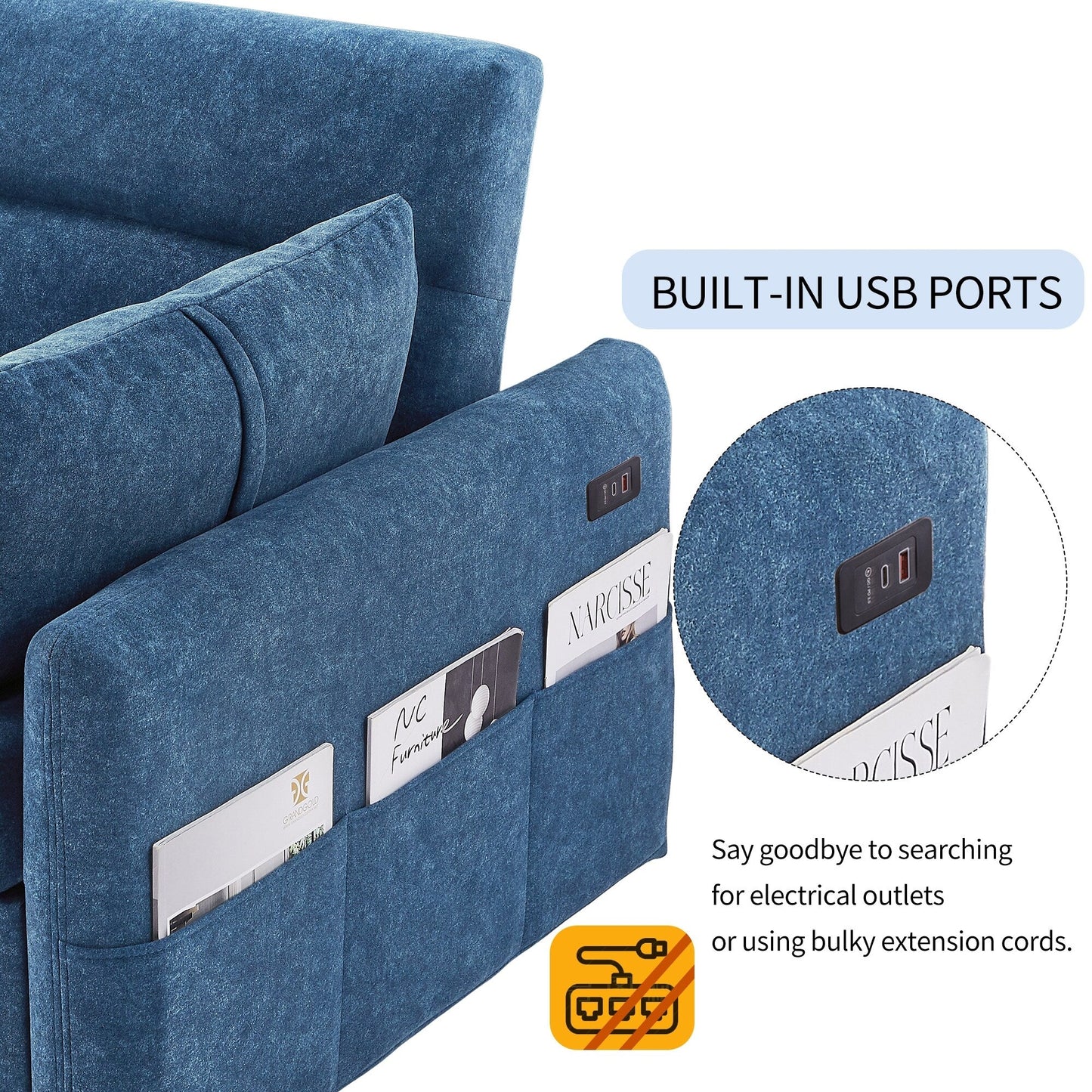 Modern 2 Seat Couch, Microfiber Pull Out Sleep Sofa Bed wih Adjsutable Backrest, Storage Pockets, 2 Soft Pillows, USB Ports