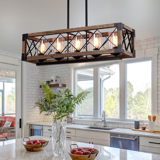 Modern Farmhouse 5-Light Wood Rectangle Chandelier Seeded Glass Kitchen Island Lights for Dining Room - 31.5 L x 8.75 W x 8 H