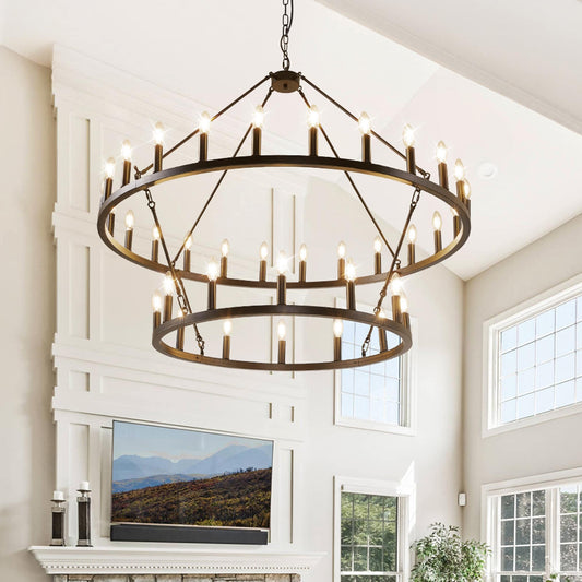 Modern Farmhouse Chandelier 2 Tier Round Wagon Wheel Chandelier Large High Ceiling Light.