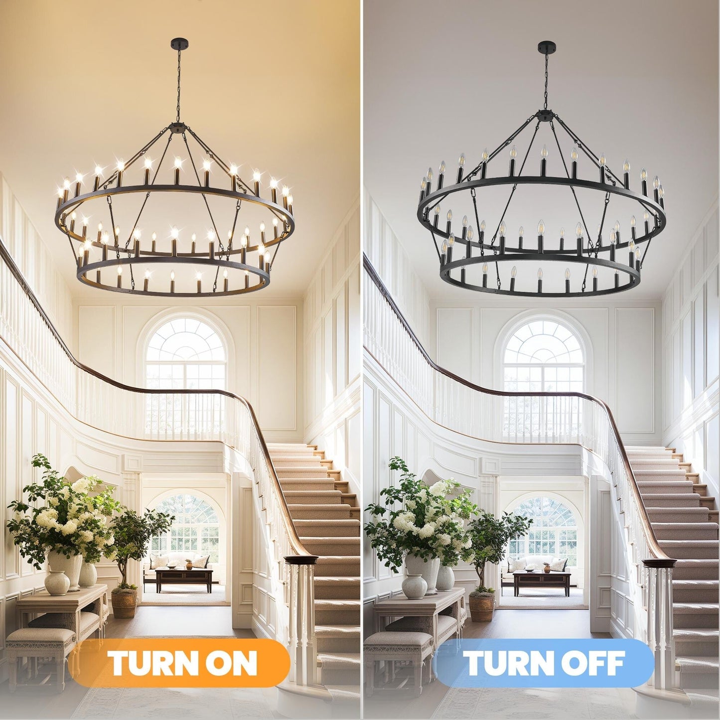 Modern Farmhouse Chandelier 2 Tier Round Wagon Wheel Chandelier Large High Ceiling Light.