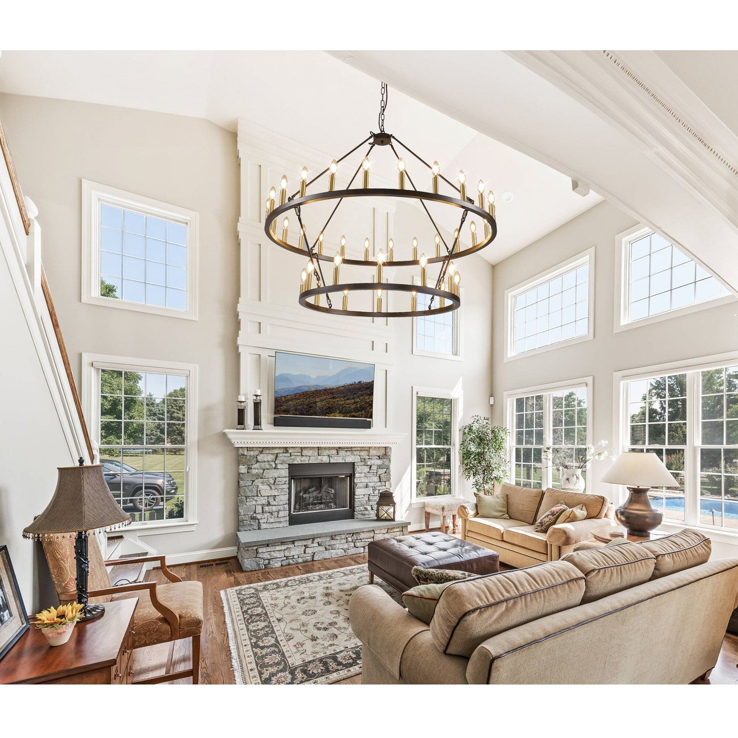 Modern Farmhouse Chandelier 2 Tier Round Wagon Wheel Chandelier Large High Ceiling Light.