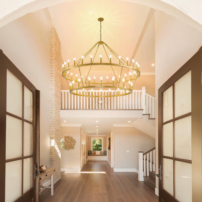 Modern Farmhouse Chandelier 2 Tier Round Wagon Wheel Chandelier Large High Ceiling Light.