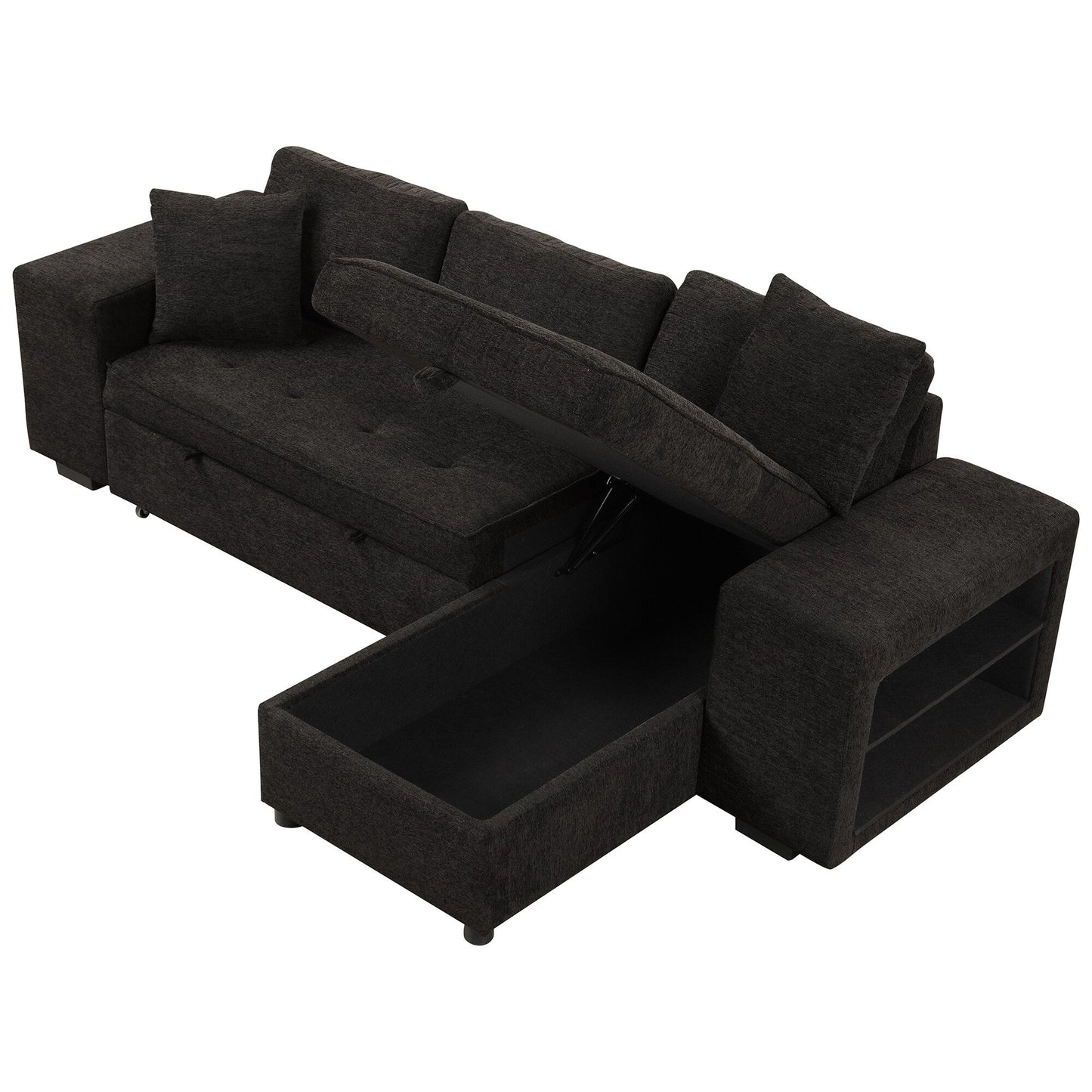 Modern L-Shaped Pull-Out Sectional Sofa Bed with Reversible Chaise, Storage and 2 Stools for Living Room Apartment