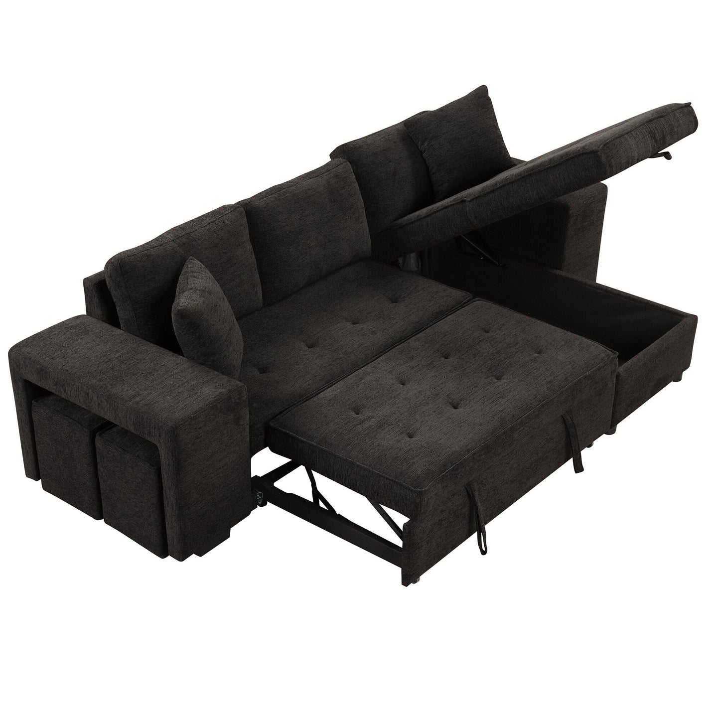 Modern L-Shaped Pull-Out Sectional Sofa Bed with Reversible Chaise, Storage and 2 Stools for Living Room Apartment