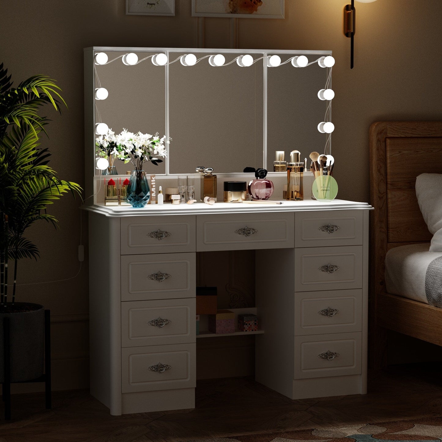 Modern White Makeup Vanity Fold Mirror Adjustable Lighting Dressing - 40.2x54.1