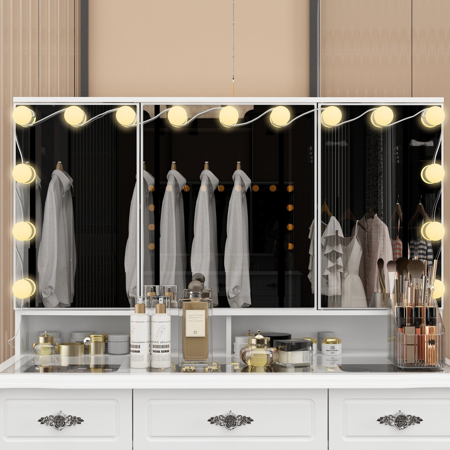 Modern White Makeup Vanity Fold Mirror Adjustable Lighting Dressing - 40.2x54.1