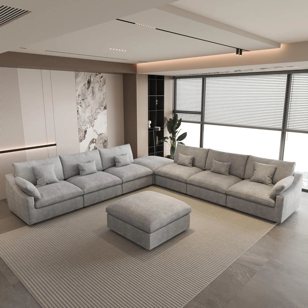 Canapés d'angle Deluxe Slope Cloud | Ensemble de canapés 8 pièces en lin gris clair, 160 coussins de dossier réglables, 6 places