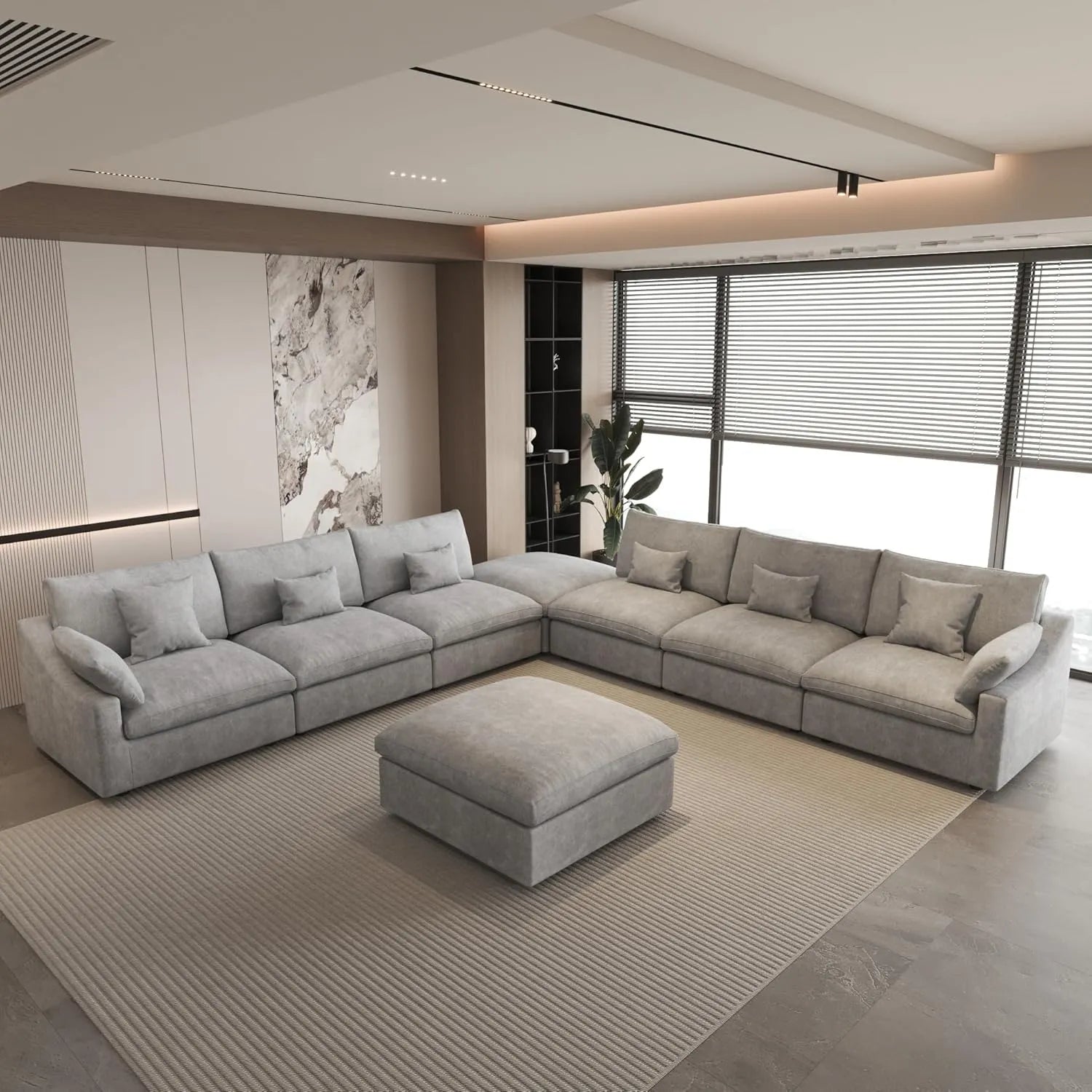 Canapés d'angle Deluxe Slope Cloud | Ensemble de canapés 8 pièces en lin gris clair, 160 coussins de dossier réglables, 6 places